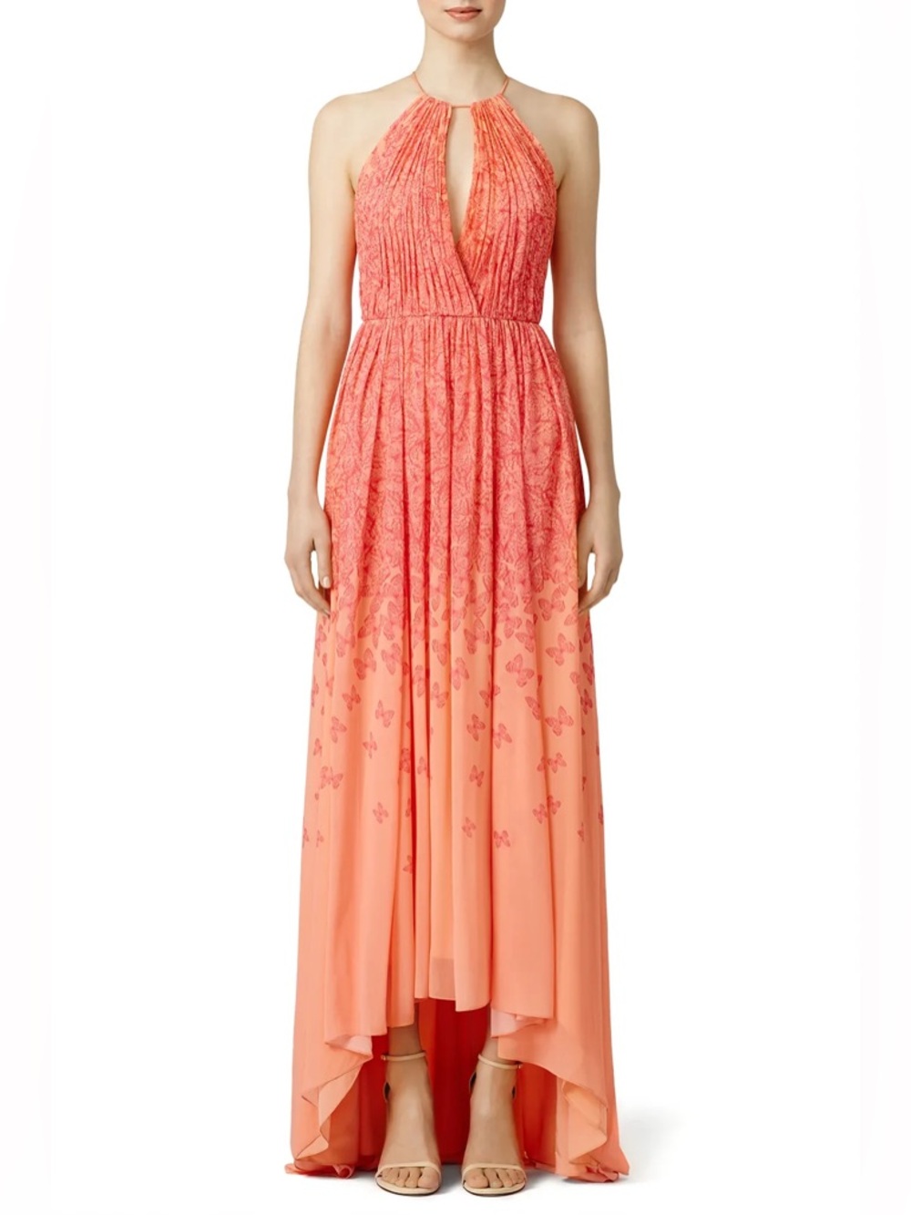 Badgley Mischka Halter High Low Maxi Dress Coral Falling Butterfly Size 14